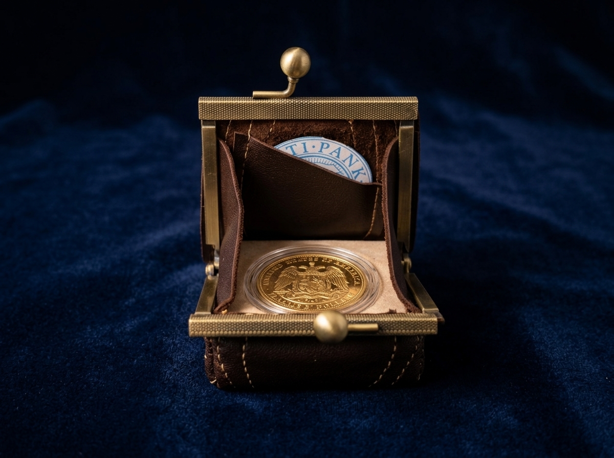 Leather rare coin pouch with brass kiss-lock frame designed for Estonian Central Bank