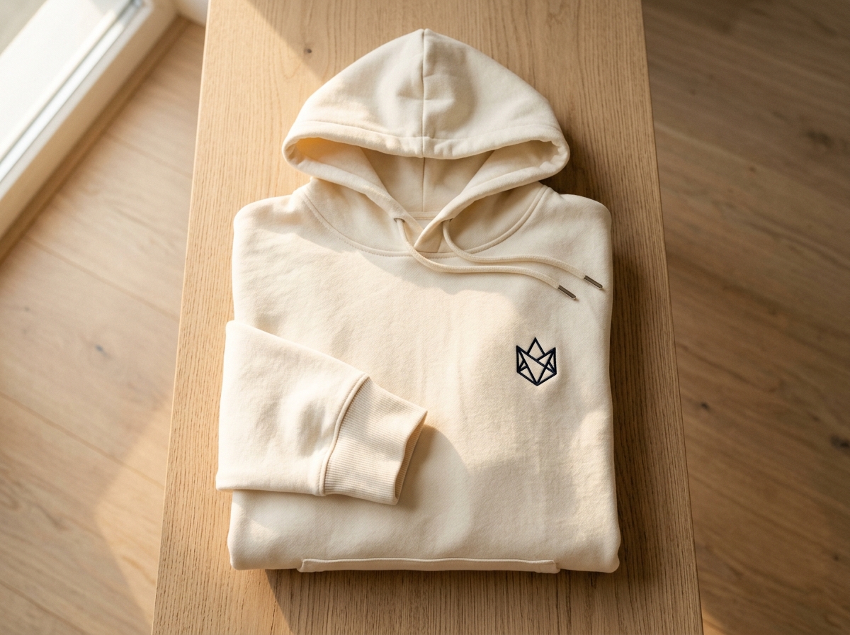 Cream organic cotton hoodie with minimal embroidered logo for Aether Studio